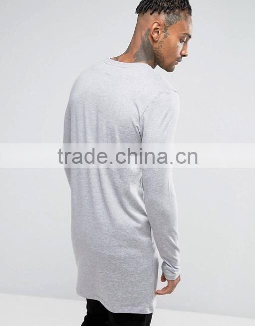 Super Longline Long Sleeve T-Shirt for Men Lightweight 100% Cotton Plain Grey Tall Tee Wholesale Extra Long T Shirt OEM