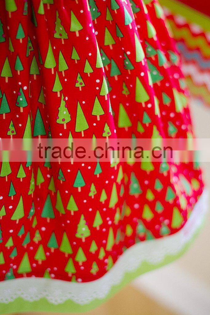 2017 Toddler Girls Christmas Tree Red Dress With Lace Trim Kids Printed Dress