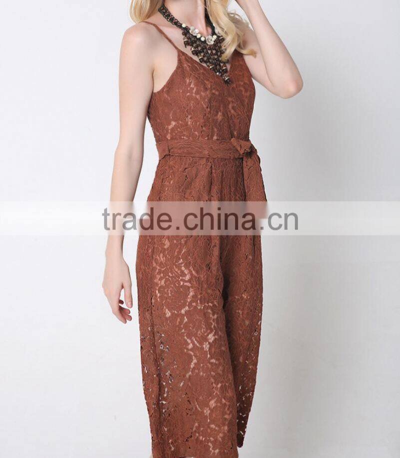 M783 D.Y fashion 2016 women gallus lace v-neck bowknot jumpsuit pants