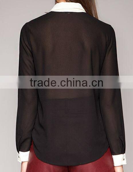 Star Black white contrast color restoring ancient ways hook flower stars embroidery long sleeve chiffon shirt