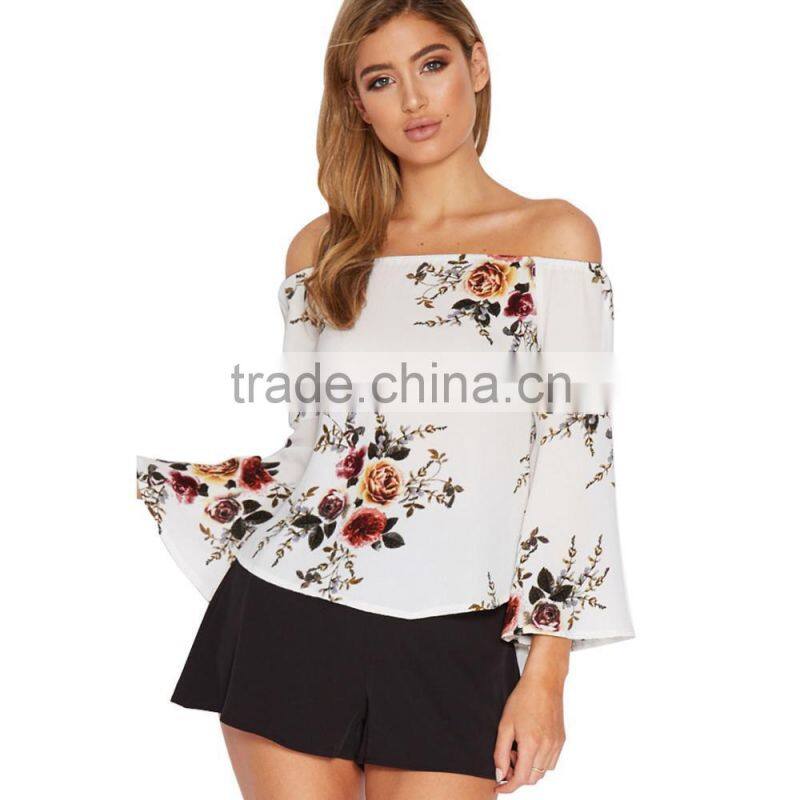 Fashion blouse design Floral Tie-Sleeve Off-Shoulder Top&blouse for sale 2017