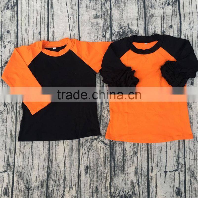 2017 new 100% cotton Halloween orange black boys ragln t shirt children icing ruffle raglan holiday tops