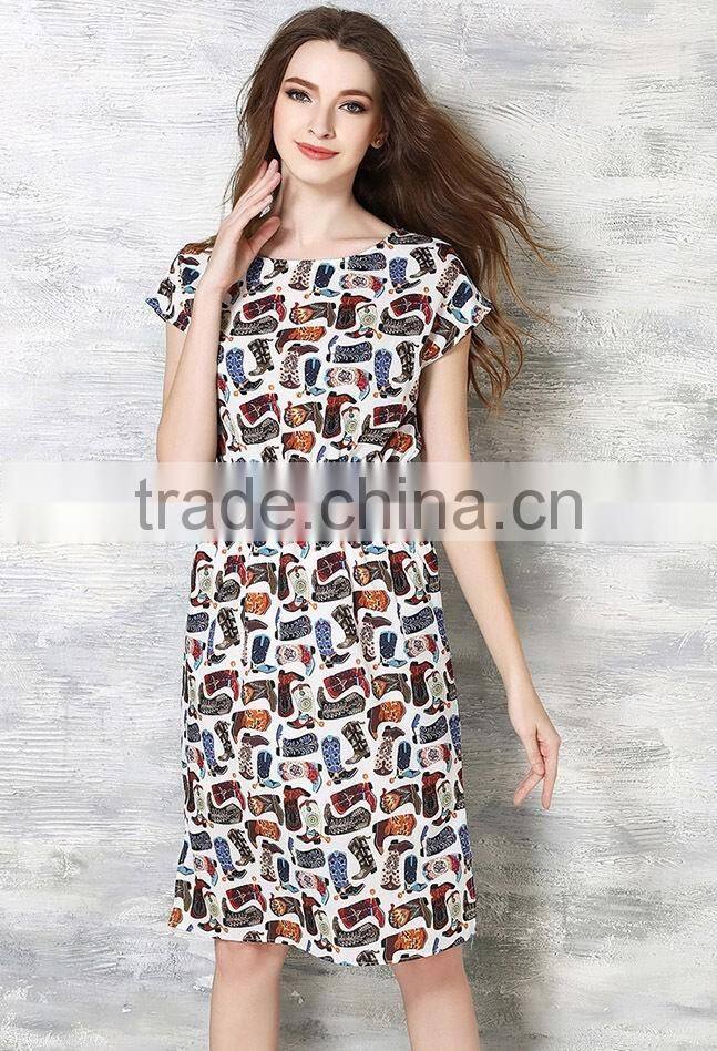 Wholesale Women Short Sleeve Digital Printed Elegant Slim Midi Dress Ladies Casual Chiffon Dresses