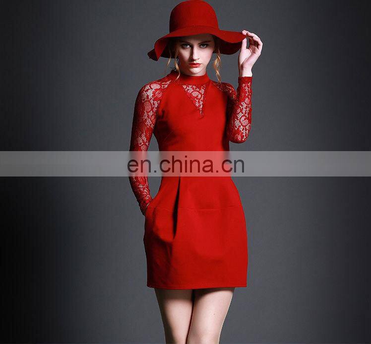 2015 European style women dress / red lace up skirt long sleeve