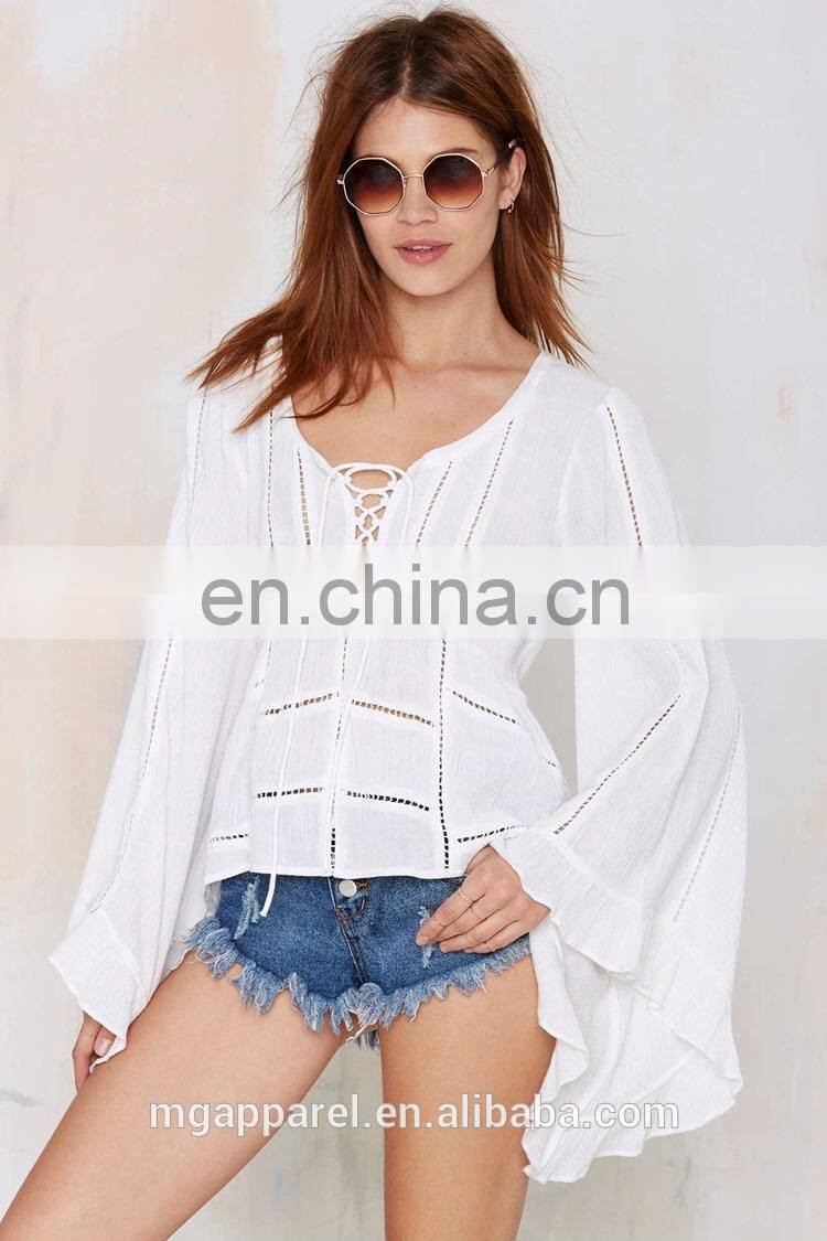 new fashion white 100 cotton top sheer top bell sleeve top selling products in alibaba