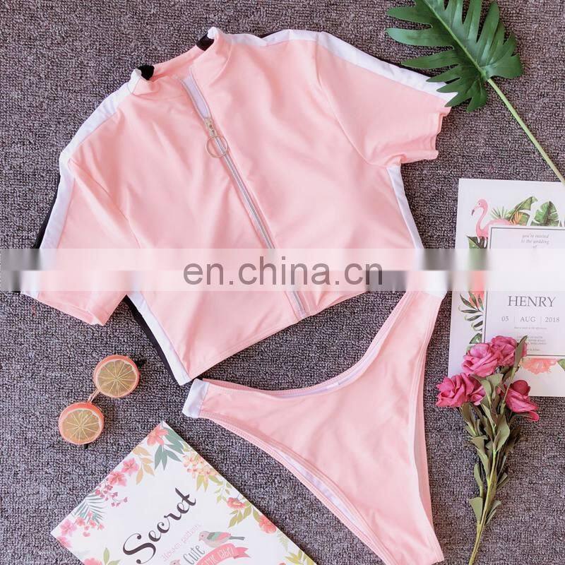 Seven-colour 2019 new high waist bikini deep v blue bikini zipper short sleeve women split 2 piece swimsuit fitness women A135