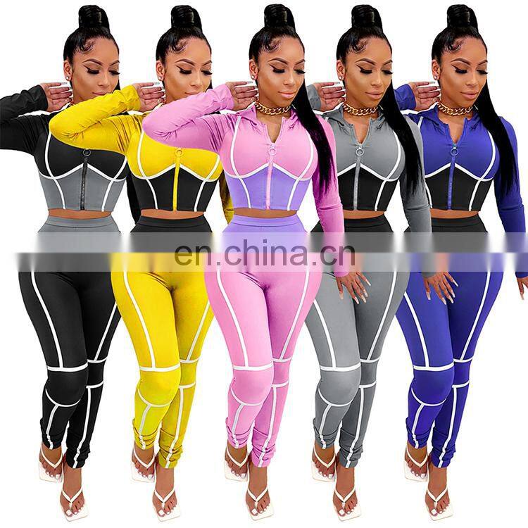 2020 Fall Fashion Woman Clothes Round Neck Crop Top High Waist Pants Two Piece Set