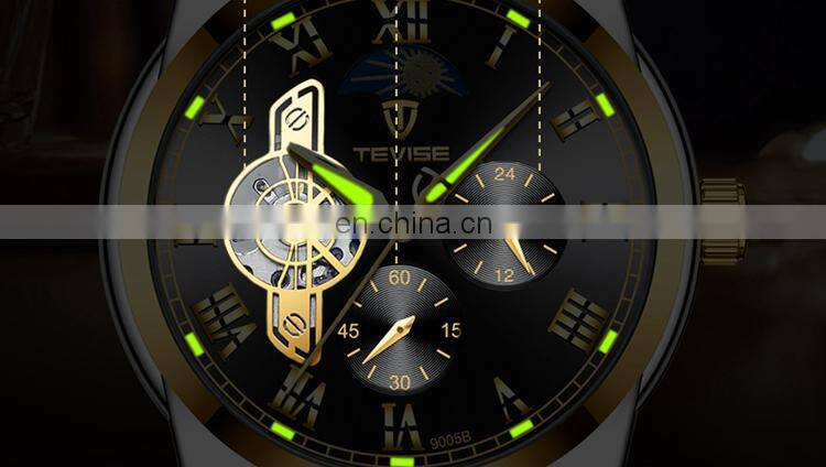 TEVISE 9005B Luxury Men Stainless Steel Sun Moon Phase Watches 24 Hours Display Automatic Mechanical Brand Wrist Watch