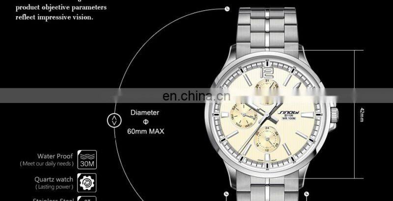 SINOBI Business Men's Watch Top 316L Stainless Steel Case & Band Calendar Date Week Display 1126G Montre Homme