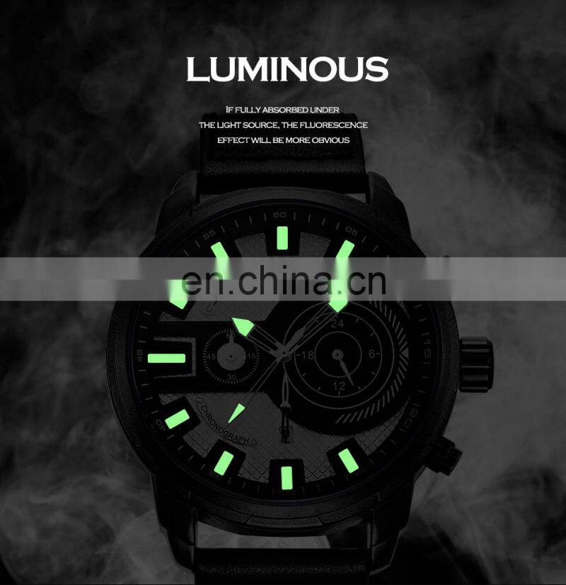 SINOBI Chronograph Men's Watch Calendar Date Function Luminous Soft Leather Band Quartz Watches S9786G Jam Tangan