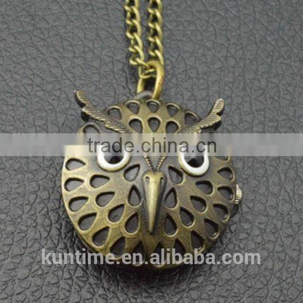 Antique owl quartz small pocket watch necklace chain