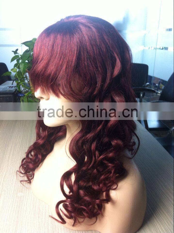 glueless color 99j human virgin hair wig top silk front lace with bang