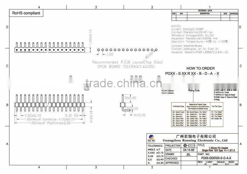 Pitch:1.0mm Single Row Right Angle Pin Header