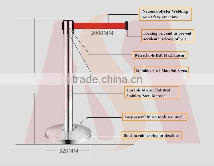 Economy Streching Retract Belt Safety Crowd Control Watiing Queue Management Line Stainless Steel Barrier Post