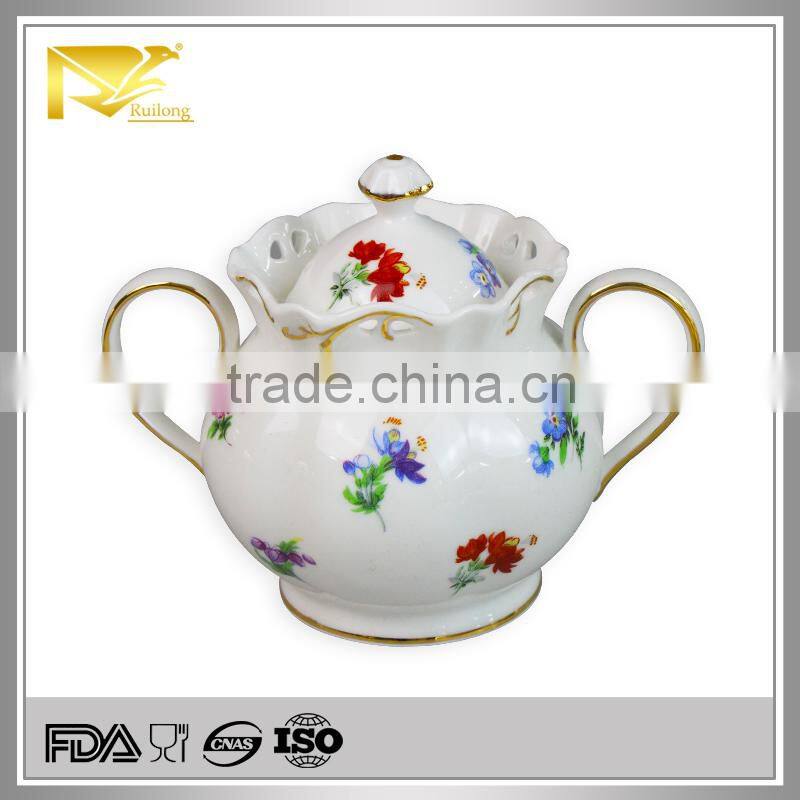 china wholesale white gold ceramic sugar mason jar with handle lid