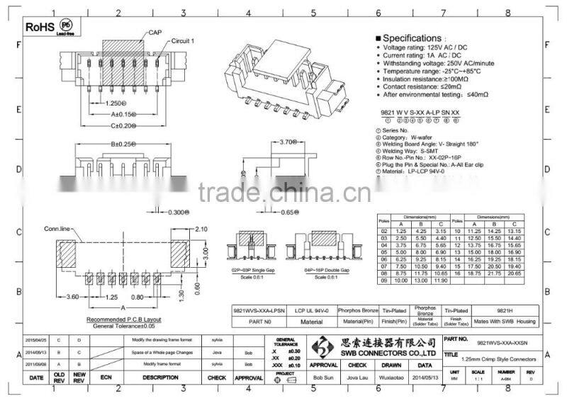 1.25MM Pitch Wire to Board Connectors DIP SMD