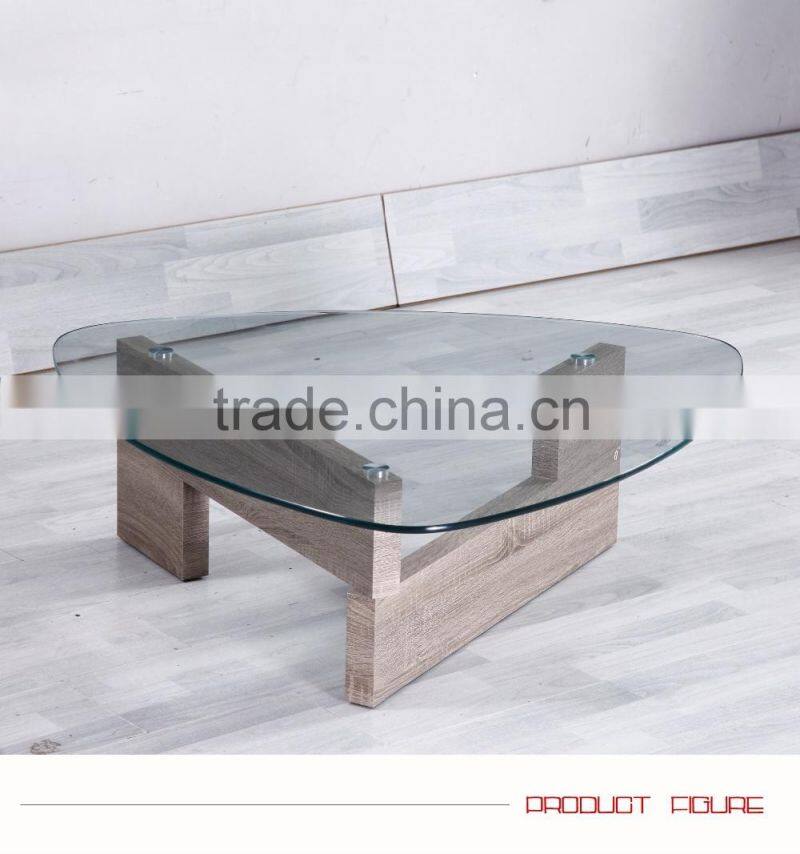 Oval glass top wooden leg coffee table made in China
