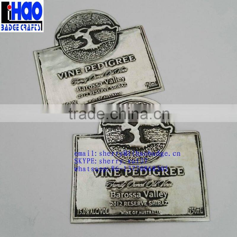 custom aluminum tin pewter embossed bottle labels,metal wine label,wine metal sticker