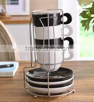 4-Piece Stackable Espresso Coffee/Tea Cup Set white and black Fine Porcelain with Metal Stand two type in stock