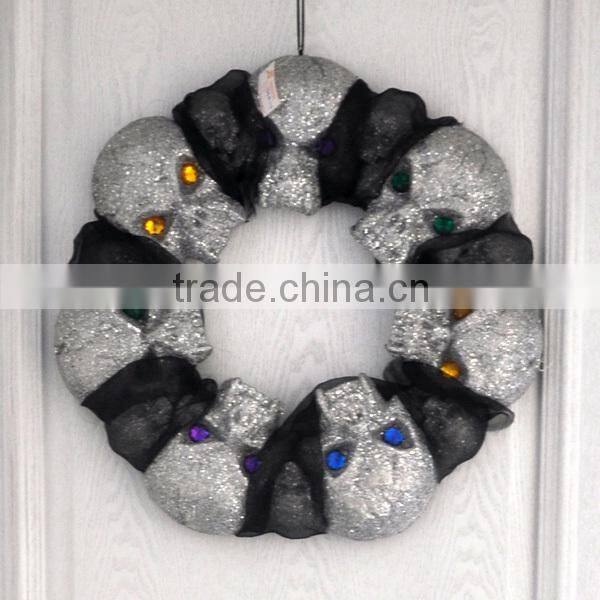 lightup halloween wreath with black rose and plastic skeleton