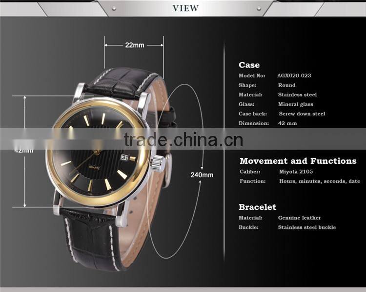 Golden Steel Case Black Dial Reloje Date Display Quartz Analog Leather Band Men Watch