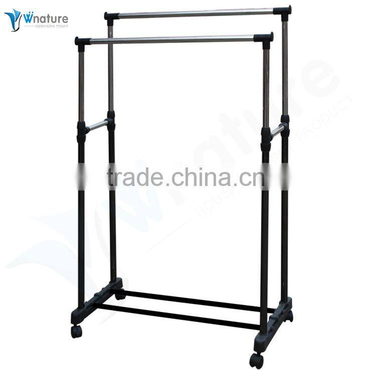 Stainless Steel Adjustable Telescoping Vertical and Horizontal Bars Double Rails Rolling Clothing Rack and Garment Rack