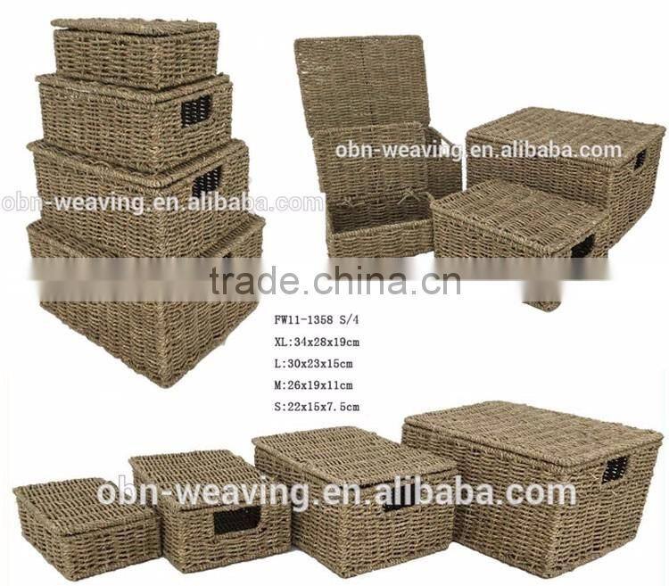 Set 4 rectangular straw basket seagrass storage basket with lid