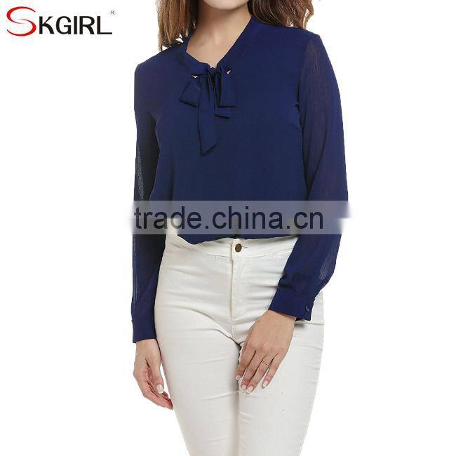Casual loose fit tie-bow neck long cuffed sleeve office wear tops latest formal skirt chiffon blouse patterns for ladies