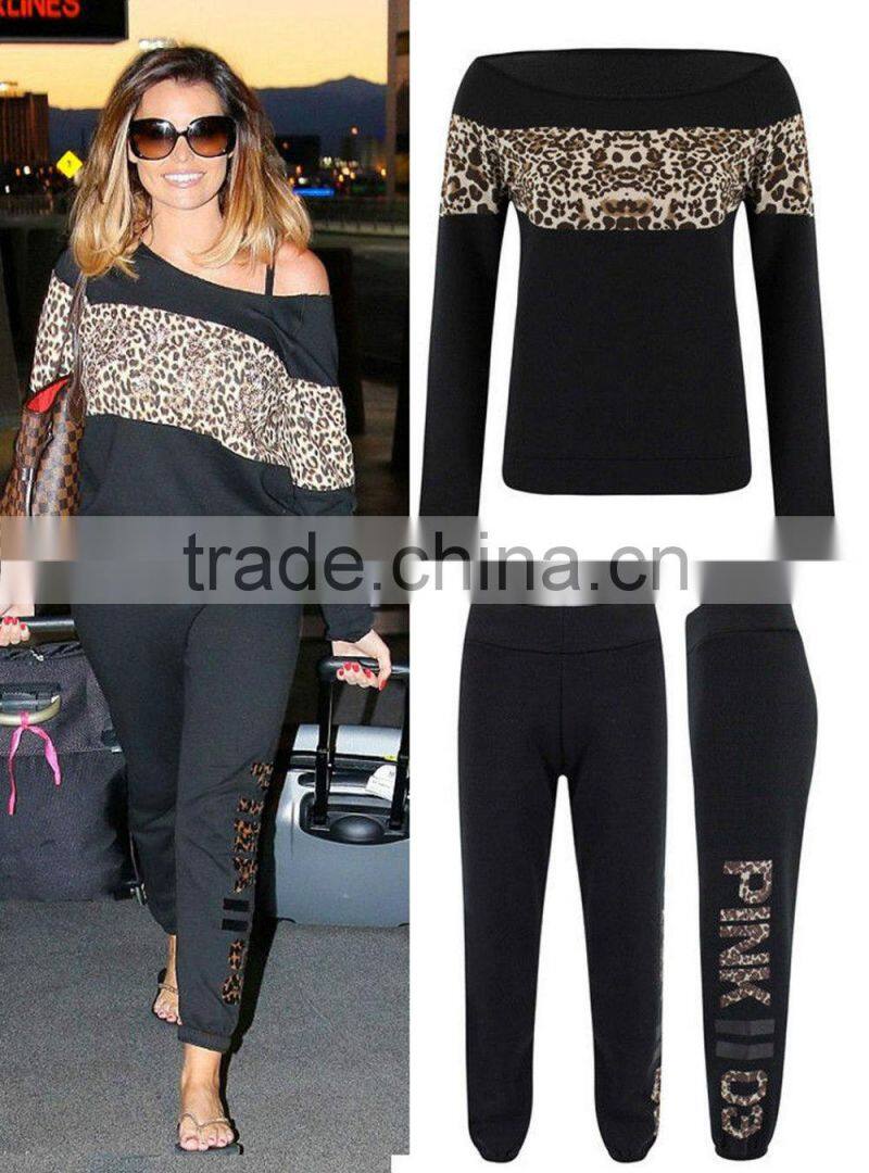 Ladies Leopard Print & Off Shoulder black Tracksuit Jessica Wright Celeb Joggers