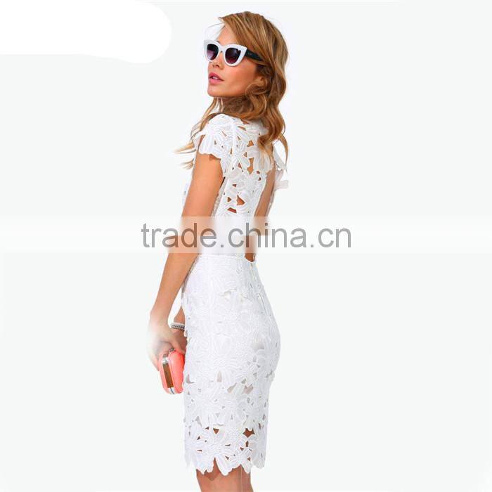 New Women Party Slim Vintage Evening Dress Formal White Short Sleeve Floral Crochet Lady Clothing Sexy Bodycon Bandage Dress