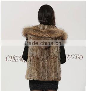 CX-G-B-216 New Style Short Raccoon Fur Trim Knitted Rabbit Fur Coat Hood