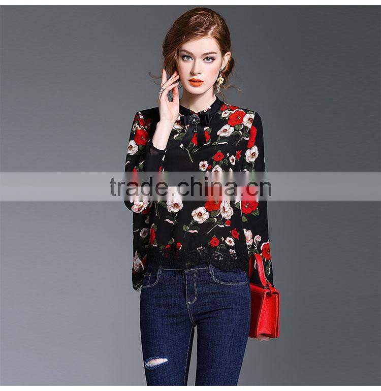 Maxnegio lady hot style floral printed new fashion chiffon blouse 2017