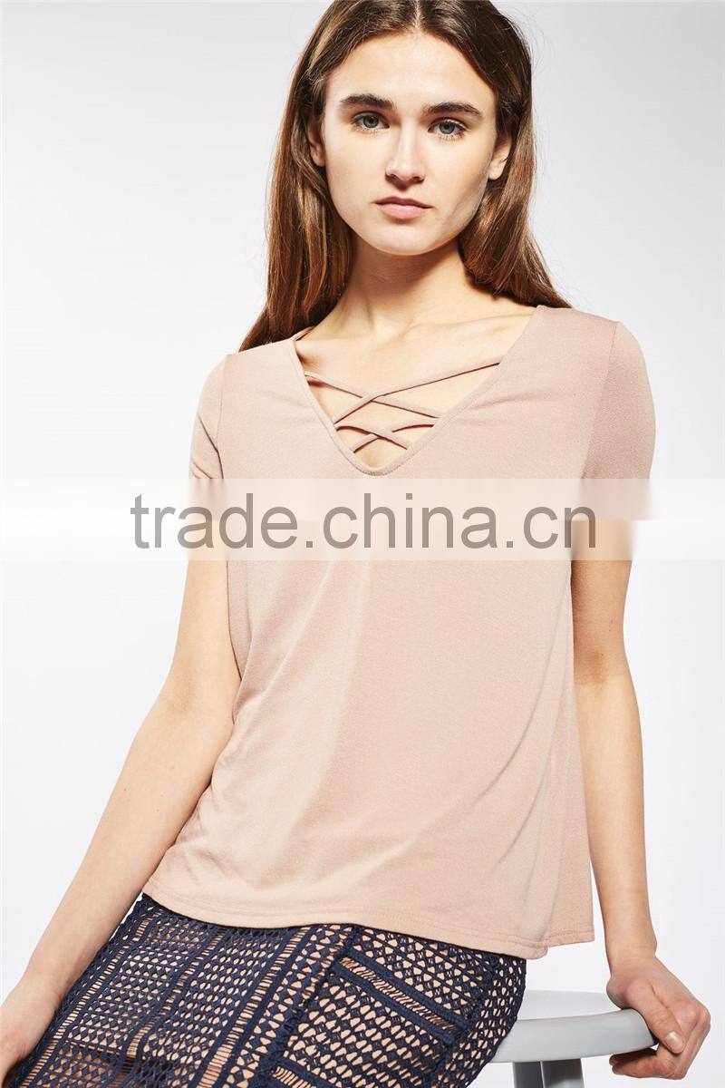 MGOO New Launched 100% Cotton Cross Straps V Neck Women T Shirts Plain Longline Loose Fit T-shirt