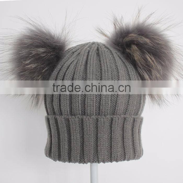 Myfur Dark Grey Wool Knitting Hat with Detachable Raccoon Fur Pom Poms