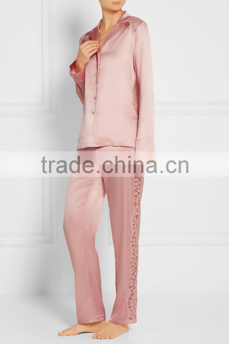 High Quality Custom Made Ladies Wearing Wholesale Silk-Blend Satin Pajama Decorated with Lace