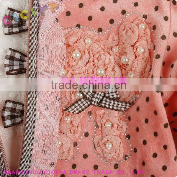 Girl bowknot designed velvet pajama 3pcs set(hoody jacket+hoody long sleeve high collar tshirt+long pants)