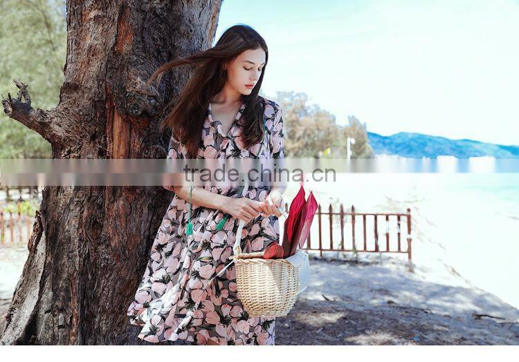 2017 new arrived county style design printing casual loose dress thin dresses middle sleeve beach woman dresses