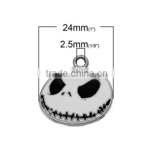 Charm Pendants Nightmare Before Christmas Halloween Skull Silver Tone Enamel White Black 25.0mmx24.0mm