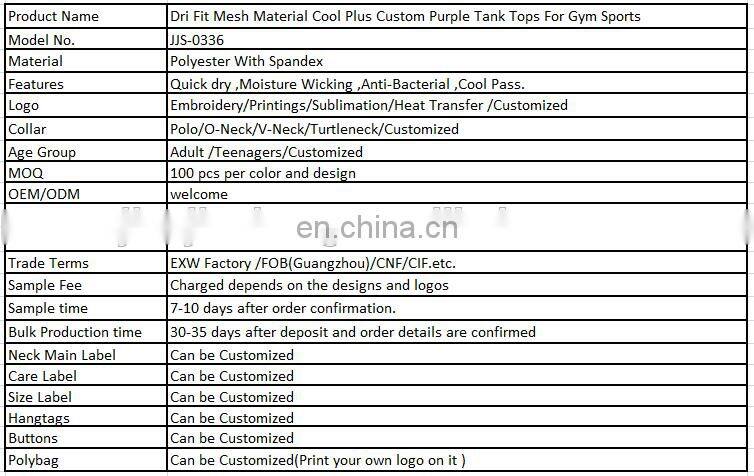 Dri Fit Mesh Material Cool Plus Custom Purple Tank Tops For Gym Sports