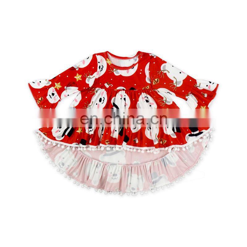 Hot selling baby girl fashion top dress printed floral Christmas style high-low top pompom dress baby clothes