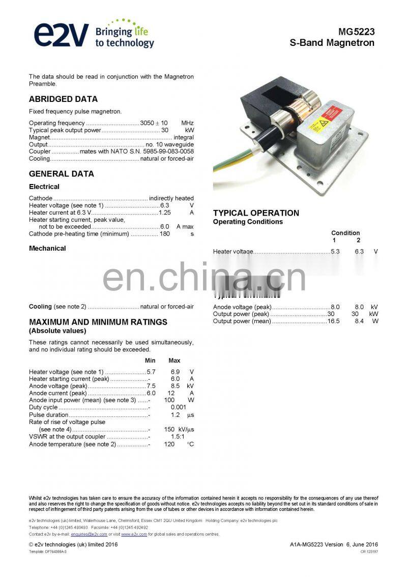 Marine electronics maritime navigation communication Furuno marine radar spare parts UK MG5223 E2V S band magnetron
