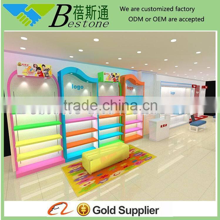colorful wooden kids shoe rack cabinet for retail store display