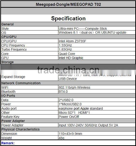 Meegopad T02 Smart Mini PC Windows 8 TV Box 2GB Ram/32G Rom Intel Atom Z3735F 2 Etherner Mini PC Server HD Graphic GPU 1.33GHZ