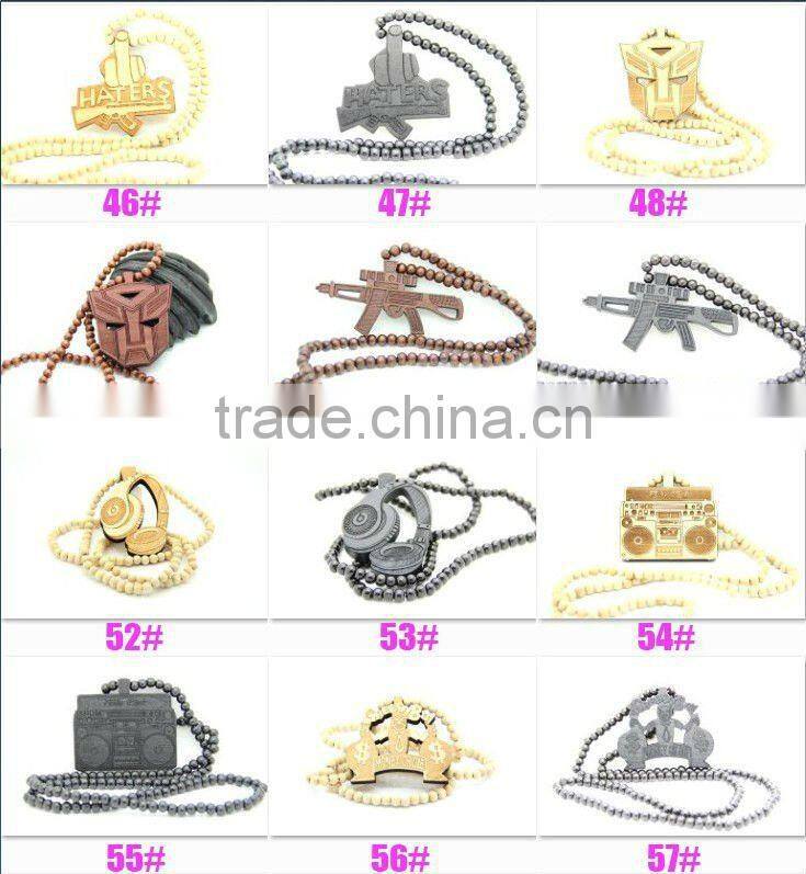 Hip Hop Face Wooden Beaded Pendant 36" Chain Necklace