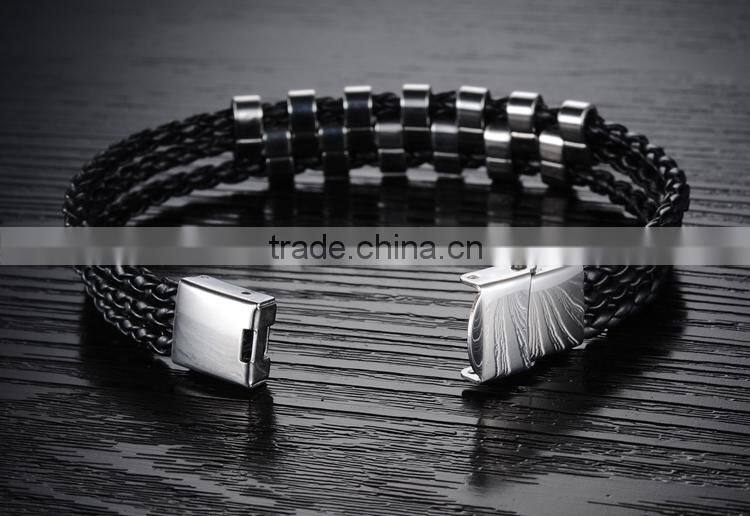 NSSL141 Three leather ropes tooth stainless steel leather bracelet