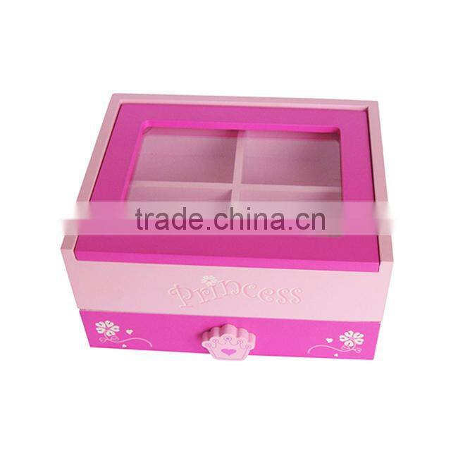 Wood pink jewelry box, girls favourite jewellery gift box, jewelery gift boxes transparent cover jewelery box