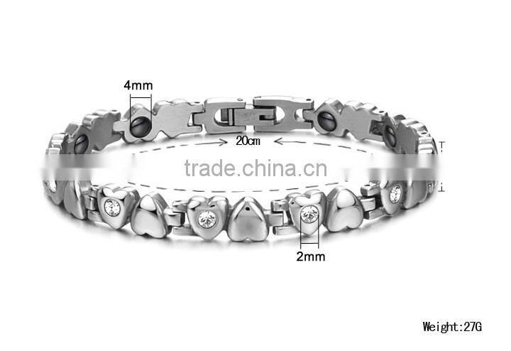 Cubic Zirconia Heart Shape Link Chain Bracelet, Stainless Steel Bio Magnetic Health Energy Bracelet