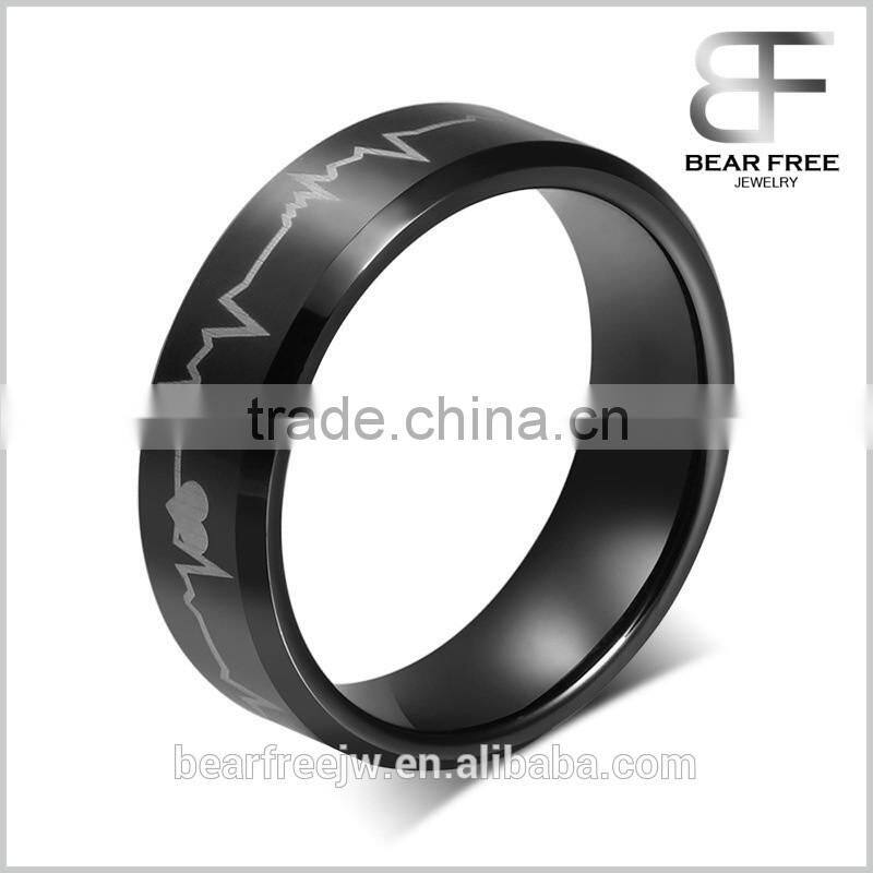Black Tungsten Carbide Engagement Wedding Bands Engraved Forever Love Heartbeat Promise Rings