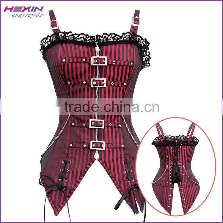 Unique Design Red Stripe Overbust Front Zipper Steampunk Lace up Elegant Corset Tops