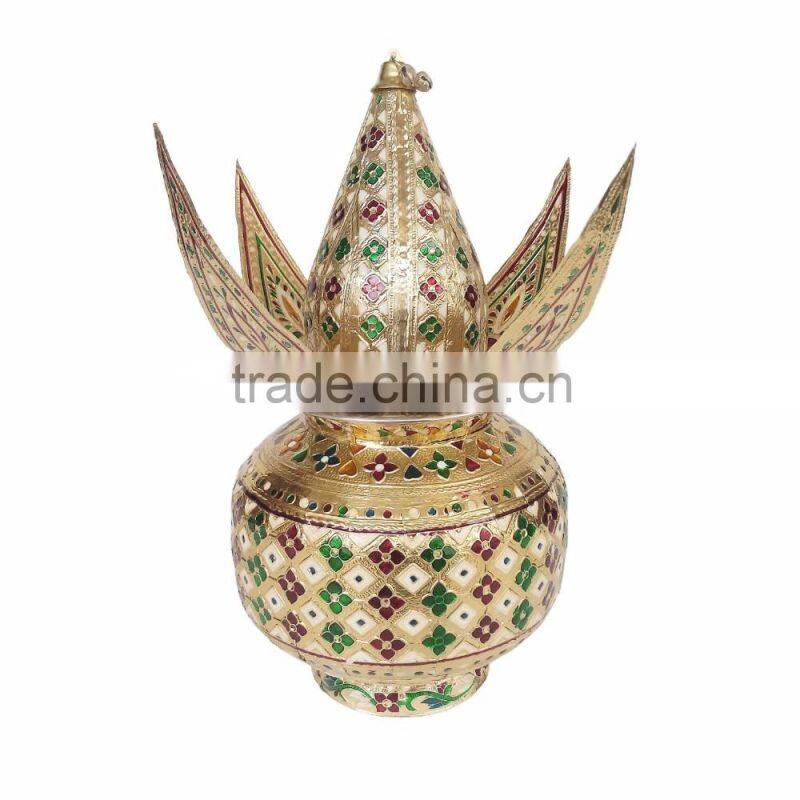 GOLDEN FLOWER DESIGNED S.S. MEENAKARI KALASH-COCONUT with 4 LEAVES- G.M. (10" x 5.5" x 5.5" INCHES)